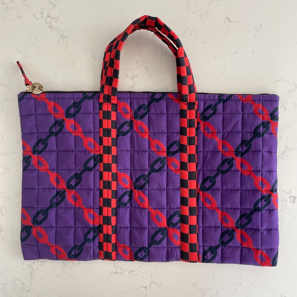 Clare V. Top Handle Bag Quilted Colorful Zip Top Close Patterned Purple Red Blue